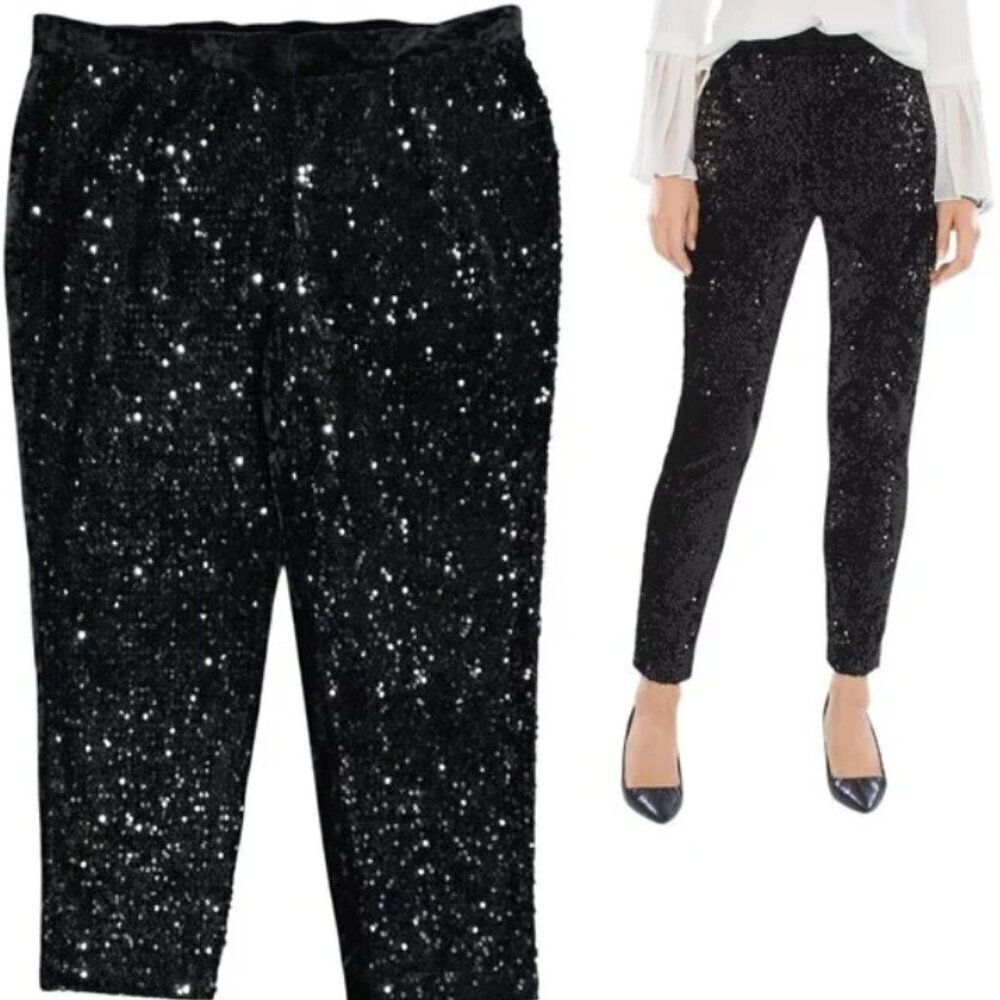 Chico's Black Sequin Velvet Mixed Media Pull On Ankle Pants Size 14